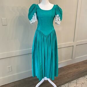 Vintage Alfred Angelo 80s Jade Green Prom Dress Sz 9/10 Lace Trim Bow Midi ILGWU